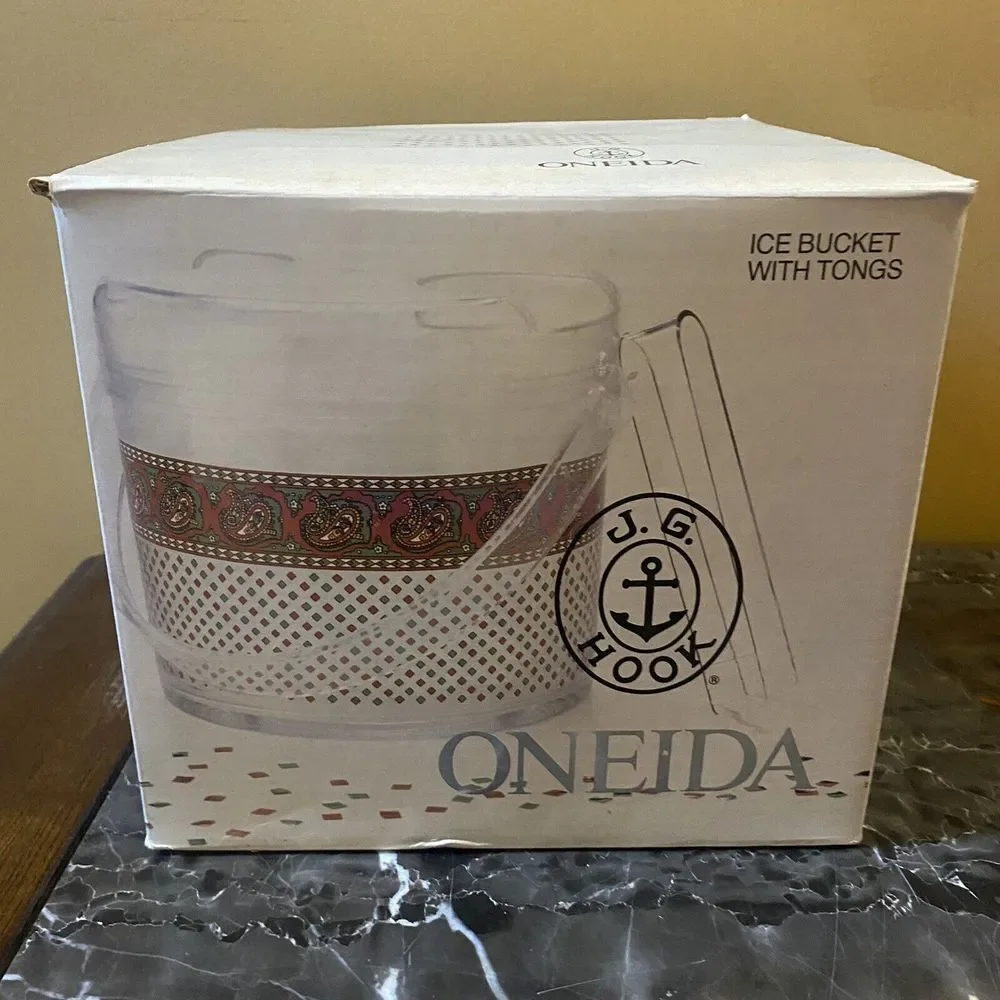 J. G. Hook Oneida Bountiful Paisley Ice Bucket Lid Tongs Acrylic Vintage In Box